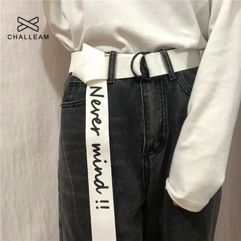 Canvas Belt Women Letters Printed Double D Ring Buckle Unisex Punk Male Long Harajuku Jeans Trouser Belts