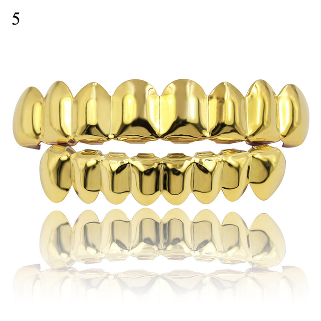 Hip Hop Gold Teeth Grillz Set Top Bottom Tooth Grills Dental Mouth Punk Teeth Caps Cosplay Party Rapper Jewelry
