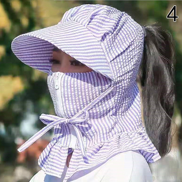Women Anti-UV Sun Hat Multi Function  Summer Hat Lady Striped Wide Brim Visor Cap Female Neck Protect Riding Hunting Hat