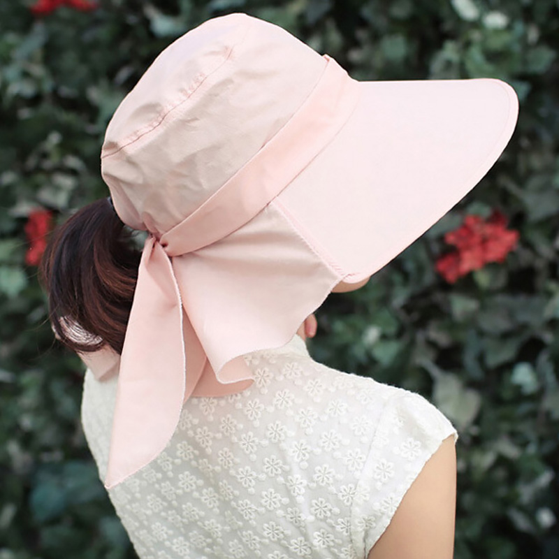 Womens Summer Beach Sun Hats Foldable Big Wide Brim Bucket Caps Sunscreen Anti-UV Fashion Bow Seaside Travel Hats