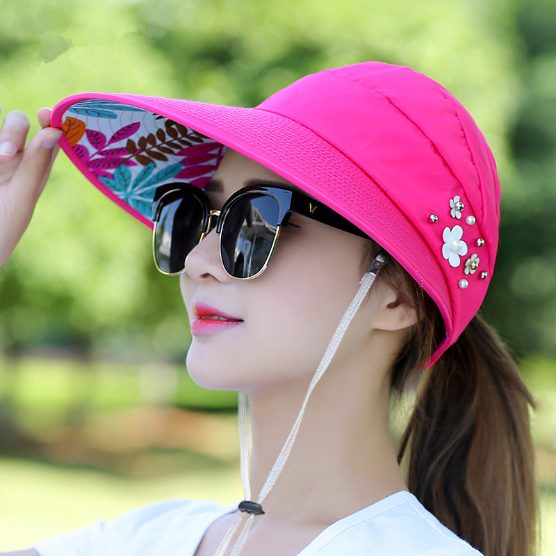 Women summer Sun Hats pearl packable sun visor hat with big heads wide brim Girls beach hat UV protection female cap