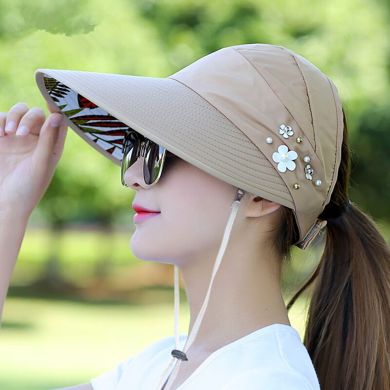 Women summer Sun Hats pearl packable sun visor hat with big heads wide brim Girls beach hat UV protection female cap