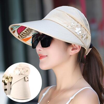 Women summer Sun Hats pearl packable sun visor hat with big heads wide brim Girls beach hat UV protection female cap