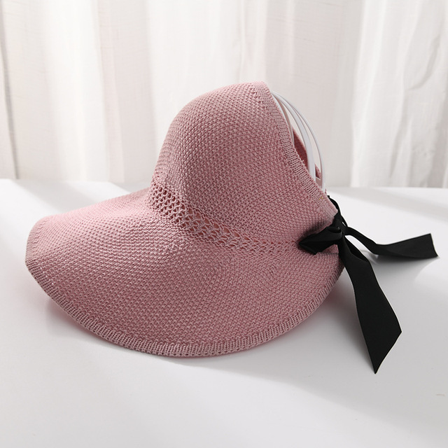 Summer Bow Sun Hats Empty Top Hat Women UV Protction Caps Cutout Beach Hat Women Sun Cap Ribbon Knit Raffia Hat Sun Hat