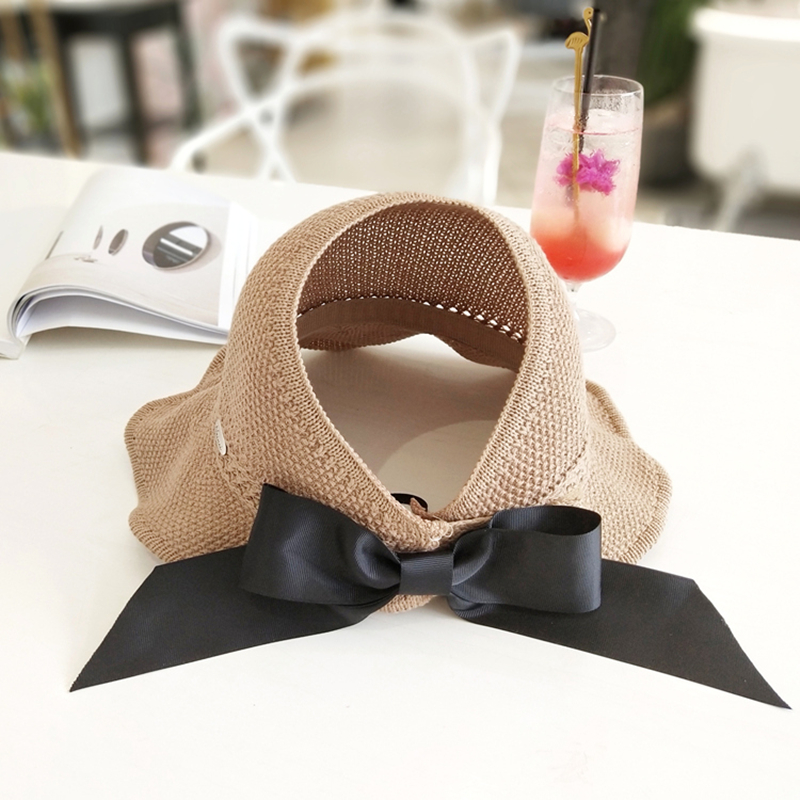 Summer Bow Sun Hats Empty Top Hat Women UV Protction Caps Cutout Beach Hat Women Sun Cap Ribbon Knit Raffia Hat Sun Hat