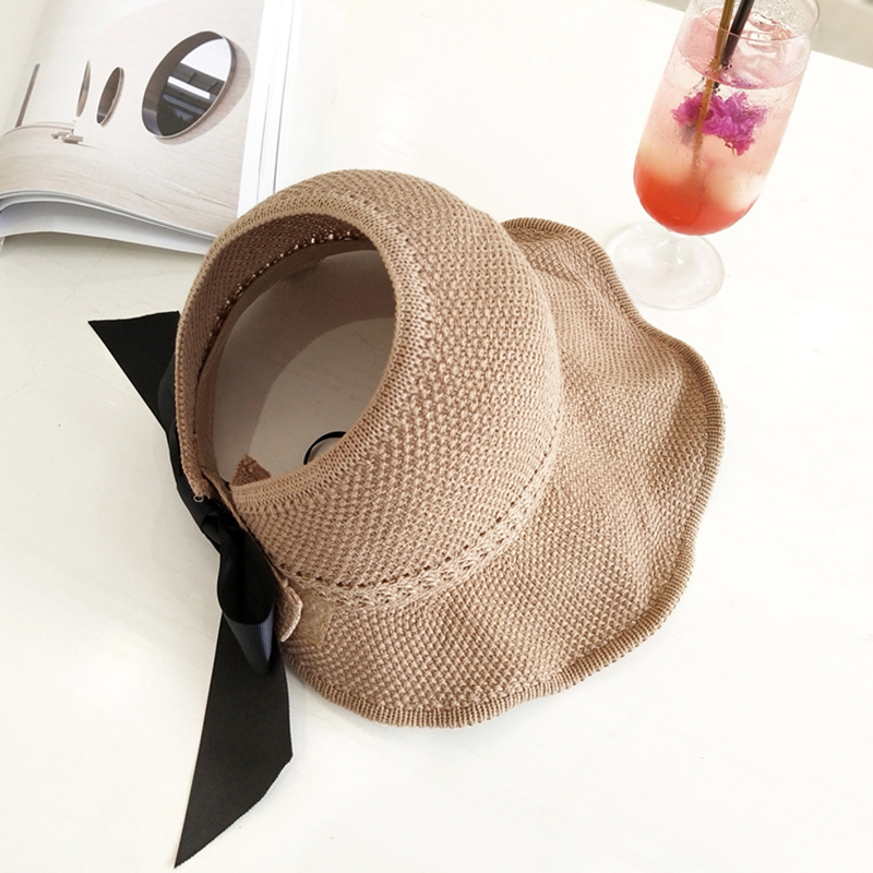 Summer Bow Sun Hats Empty Top Hat Women UV Protction Caps Cutout Beach Hat Women Sun Cap Ribbon Knit Raffia Hat Sun Hat