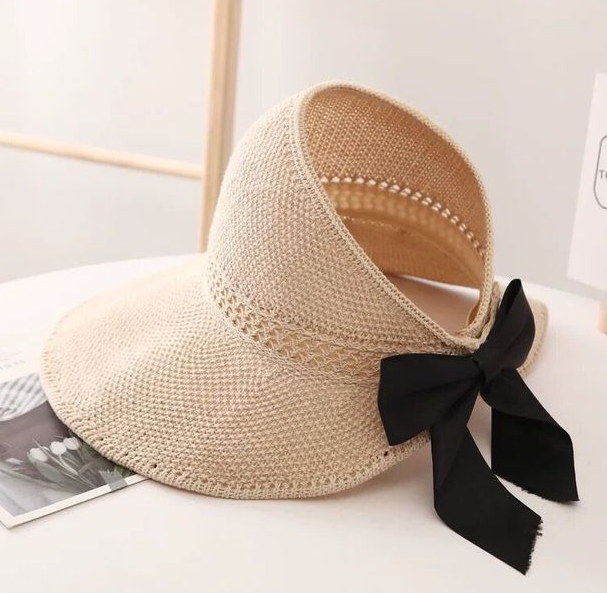 Summer Bow Sun Hats Empty Top Hat Women UV Protction Caps Cutout Beach Hat Women Sun Cap Ribbon Knit Raffia Hat Sun Hat