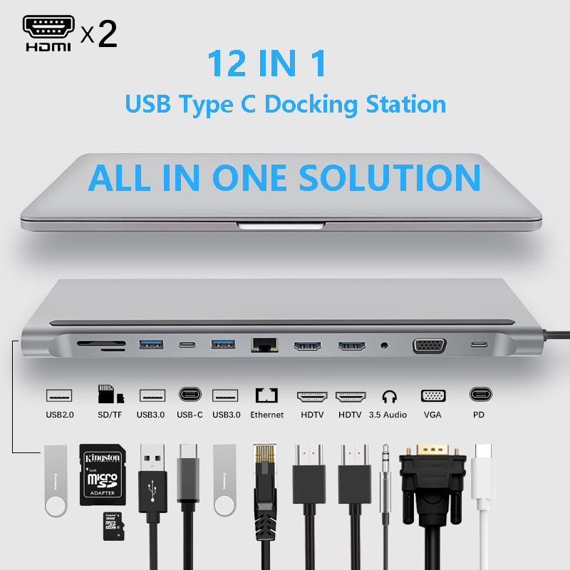 Laptop Docking Station USB C to Dual HDMI-Compatible VGA, USB type C Dock Hub MST Multi-Display For HP Dell XPS Lenovo Asus Macbook