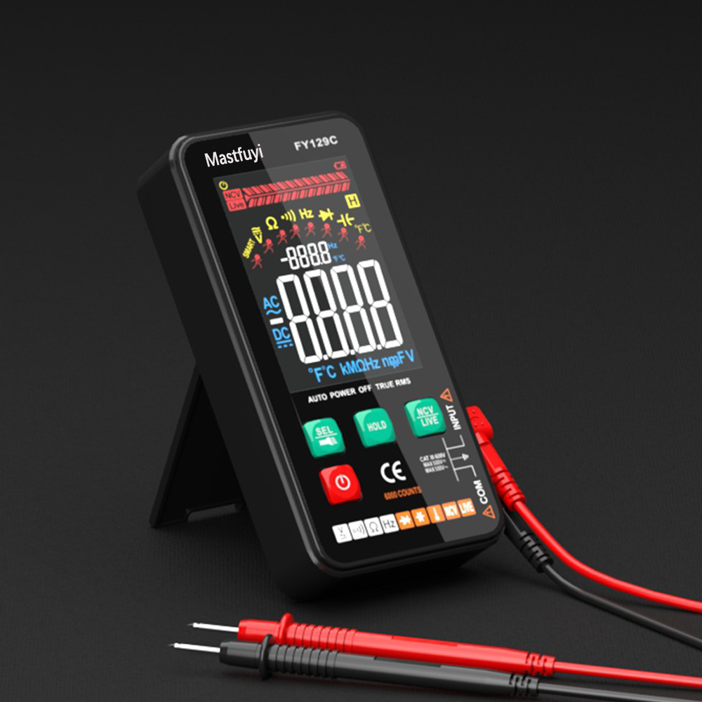 FY128C Smart Digital Multimeter With bracket Large LCD Color Screen AC/DC Voltage Capacitance Ohm Diode NCV Hz Live wire Check