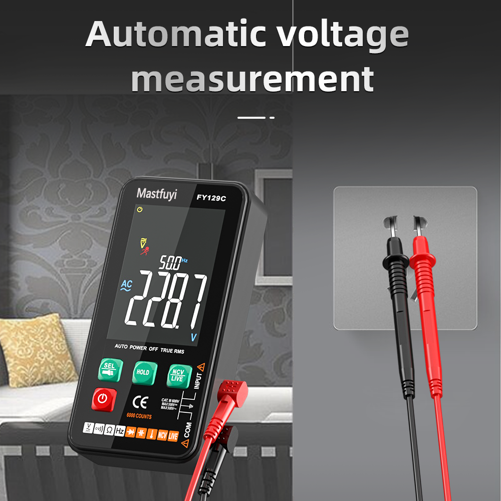 FY128C Smart Digital Multimeter With bracket Large LCD Color Screen AC/DC Voltage Capacitance Ohm Diode NCV Hz Live wire Check