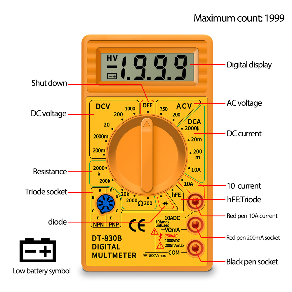 Handheld DT830B Digital Multimeter AC/DC LCD Mini Voltmeter Ammeter Ohm Tester 750/1000V High Safety Handheld Meter With Probe