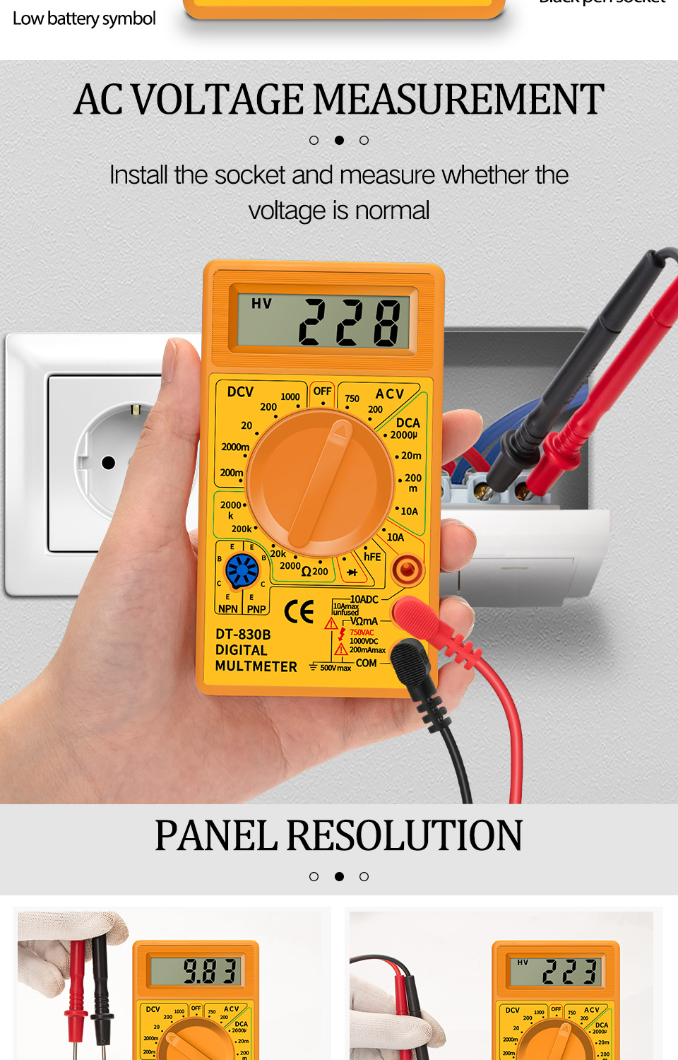 Handheld DT830B Digital Multimeter AC/DC LCD Mini Voltmeter Ammeter Ohm Tester 750/1000V High Safety Handheld Meter With Probe