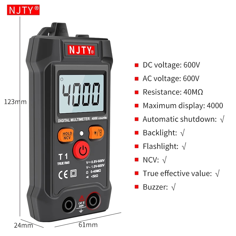 T1 Mini Digital Multimeter 4000 Counts Auto Ranging TRMS AC/DC Voltage resistance NCV with Backlight+flashlight