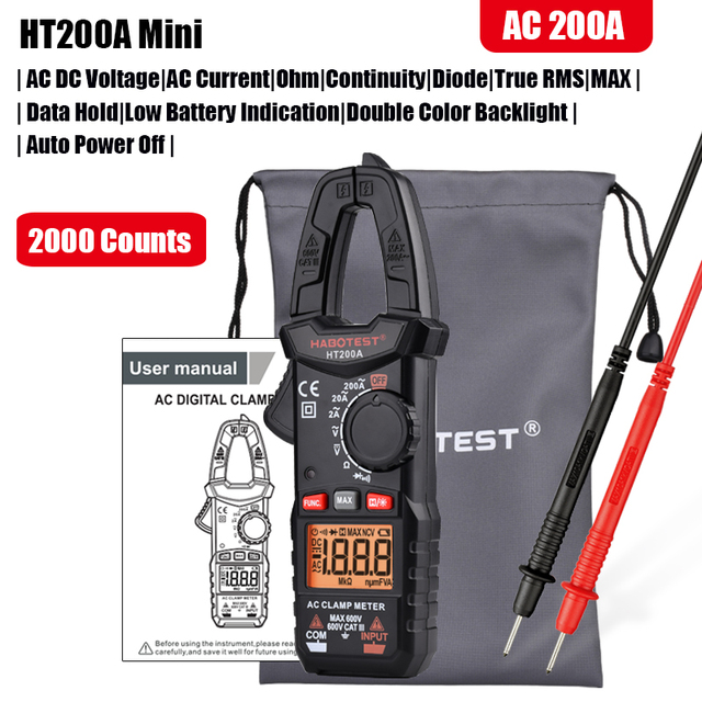 HT200A Current Clamp Multimeter Professional Automotive Tester Digital True RMS Ohm Hz 600V AC DC Capacitance Amp Meter