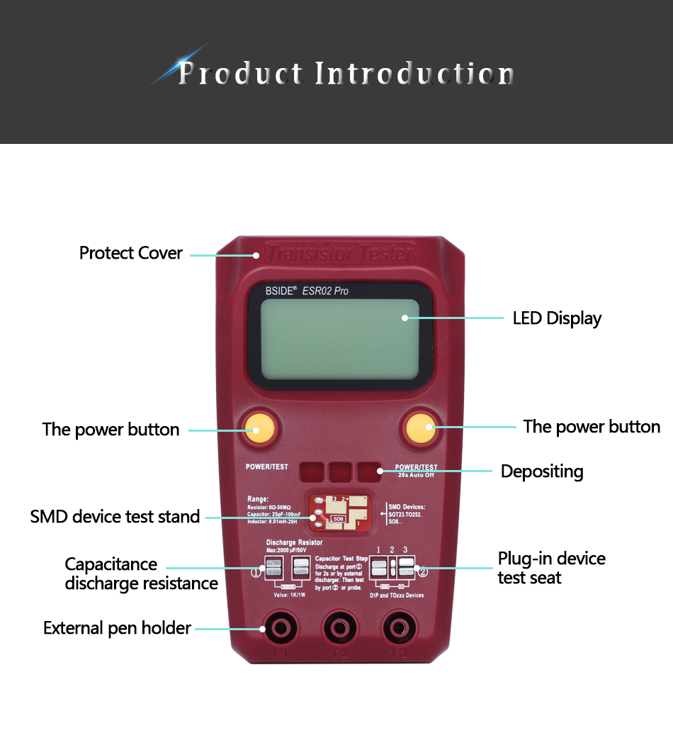 Multi-purpose Transistor ESR Tester ESR02pro Smart Diode Triode Capacitance Resistor Meter LCD meter