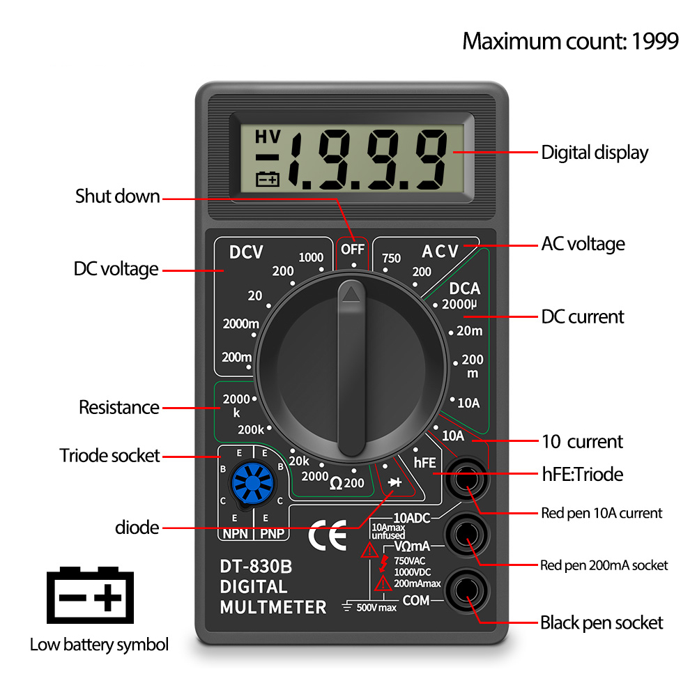 LCD Digital Multimeter DT830B AC/DC Mini Voltmeter Ammeter Ohm Tester 750/1000V Multimeter Digital Handheld Multimeter Meter