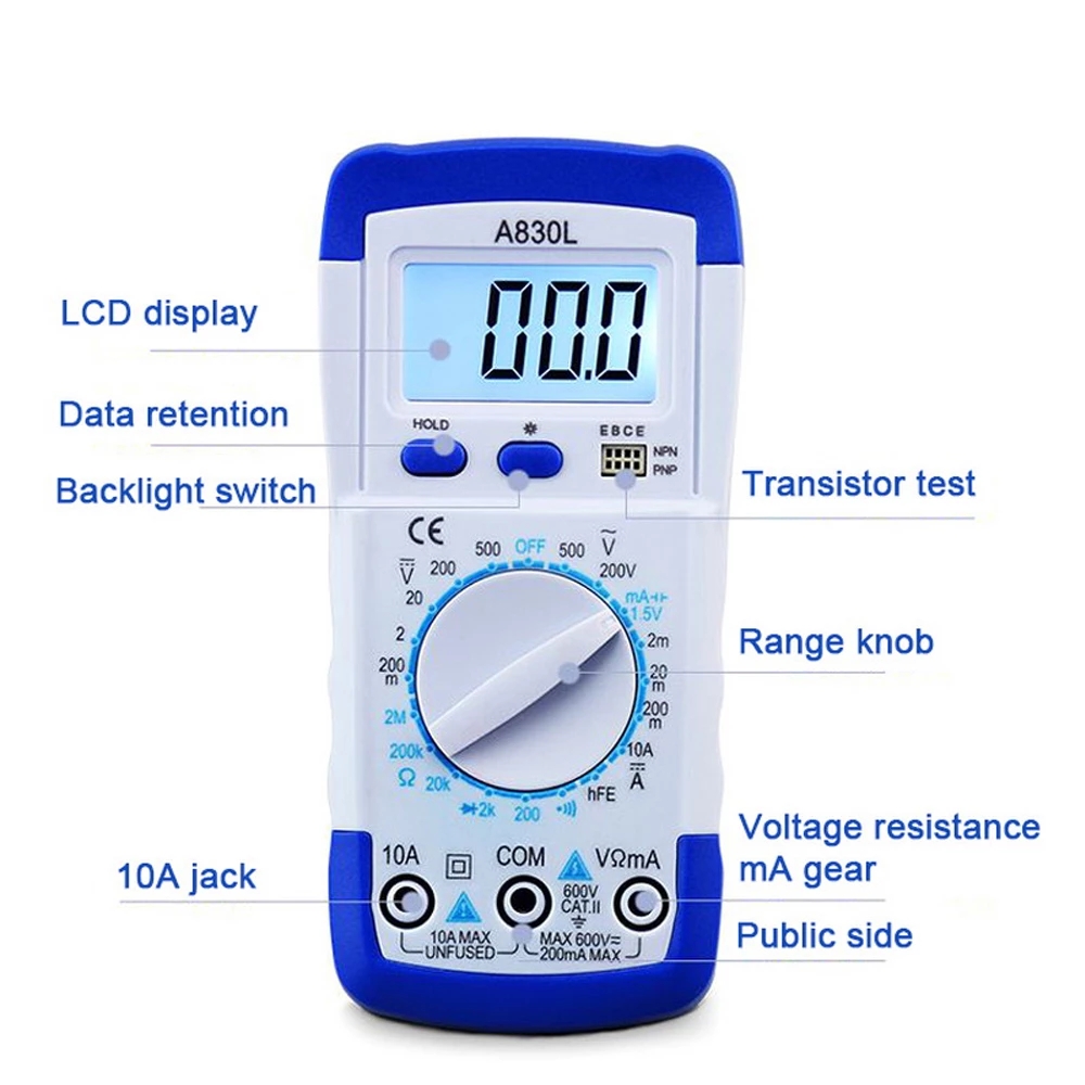 A830L LCD Digital Multimeter AC DC Voltage Diode Freguency Multitester Current Tester Luminous Display with Buzzer Function