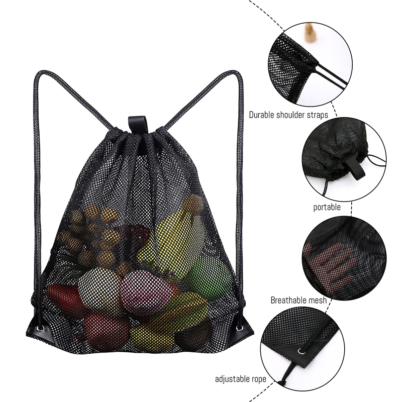 Portable Multifunctional Drawstring Mesh Bags Gym Sports Basketball Storage Shoulder Net Backpack Outdoor Beach Use Bag