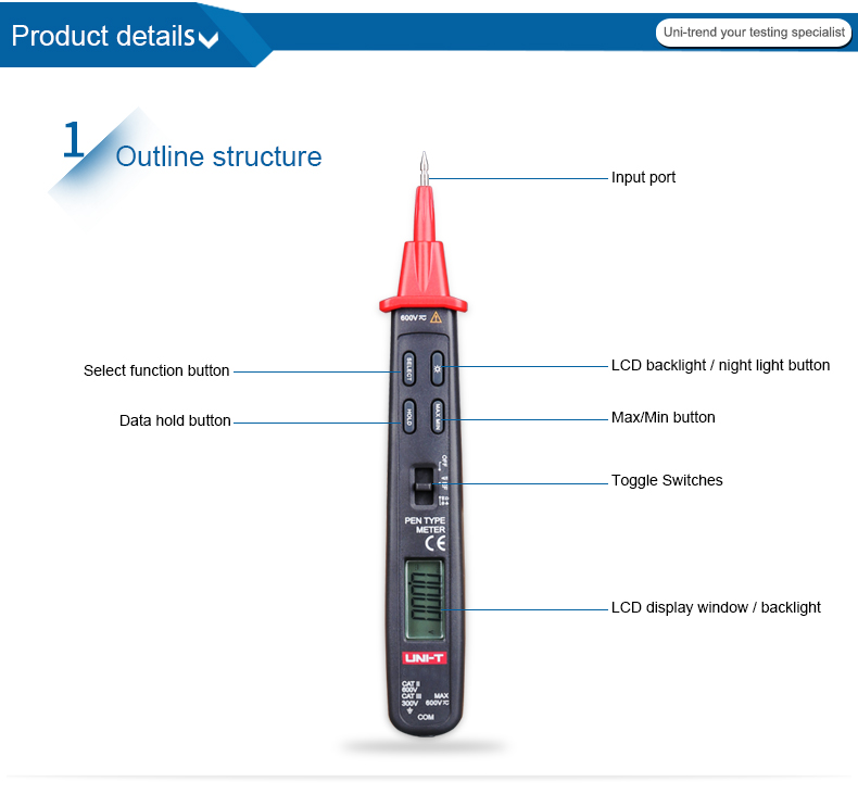 UT118B Pen Type Digital Multimeter 3000 Counts UT118B AC DC Voltage Detector Resistance Capacitance Meter Tester