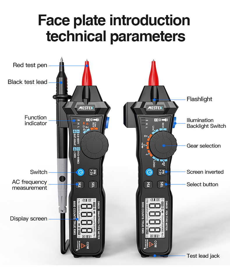 DM92B/DM92S Digital Multimeter 6000 Counts Pocket Pen Style Auto Range/Smart Multimeter NCV Detection DC/AC Voltage multimeter