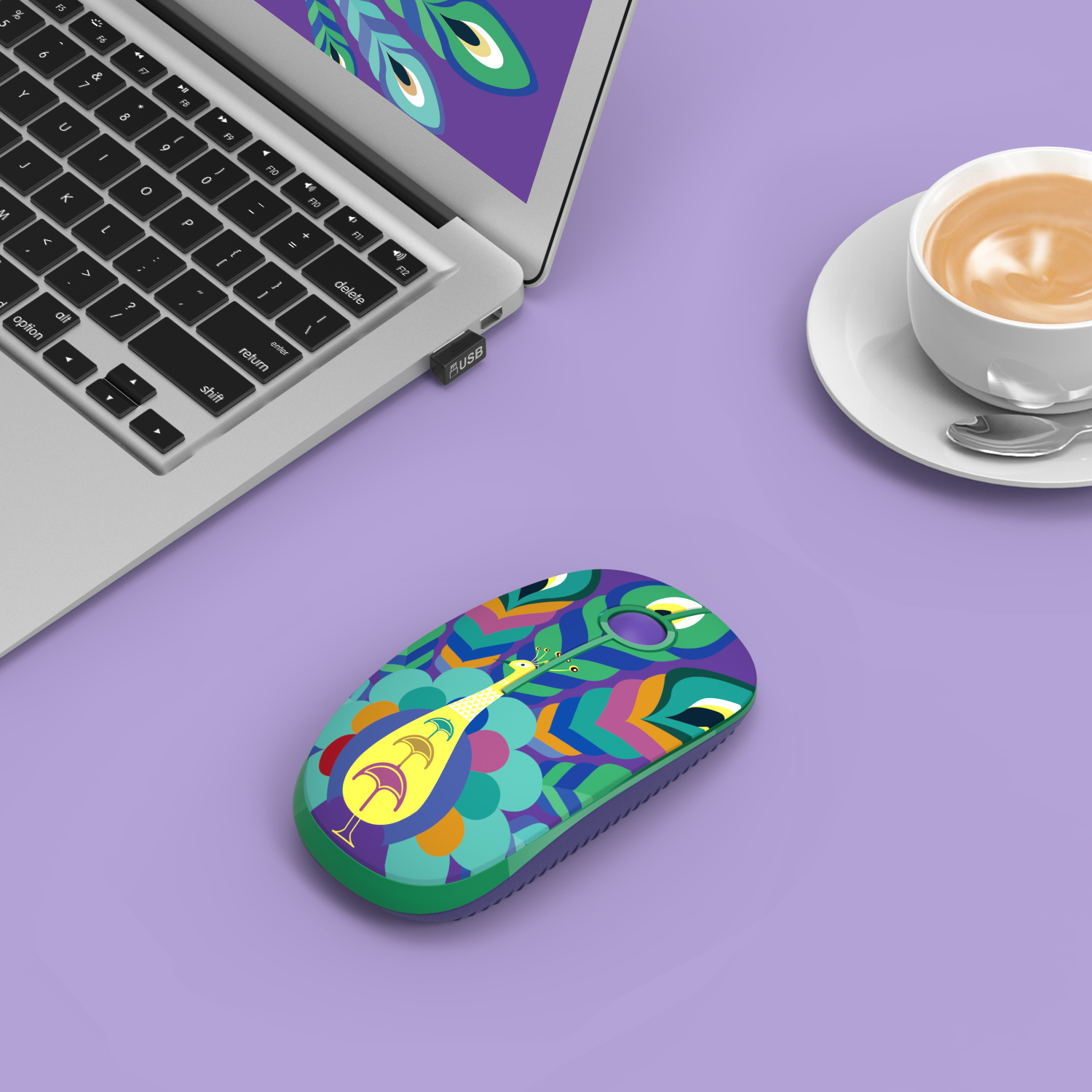 Cute Peacock Pattern Slim Mice with Nano Receiver Portable Mobile Optical Mice for PC Computer 2.4G Wireless mouse