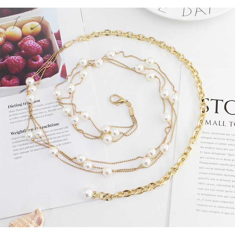 Pearl Thin Long Belt For Women Elegant Gold Metal Chain Body Belts Dress Decor Adjustable Female Waist Bands