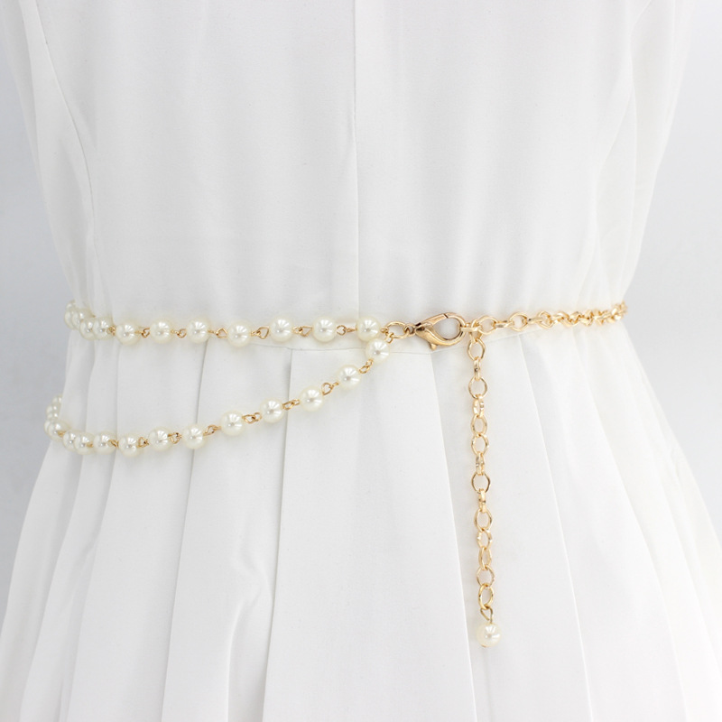 Pearl Thin Long Belt For Women Elegant Gold Metal Chain Body Belts Dress Decor Adjustable Female Waist Bands