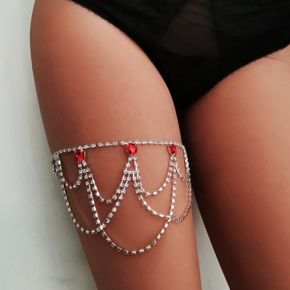 Red Crystal Thigh Rhinestone Leg Chain Body Jewelry for Women Sexy Elastic Multi-layer Leg Harness Thigh Chain Jewelry