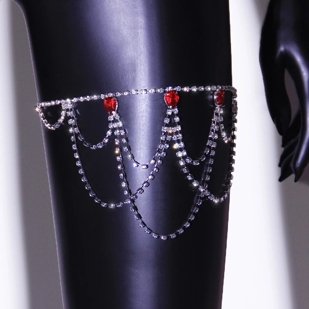 Red Crystal Thigh Rhinestone Leg Chain Body Jewelry for Women Sexy Elastic Multi-layer Leg Harness Thigh Chain Jewelry