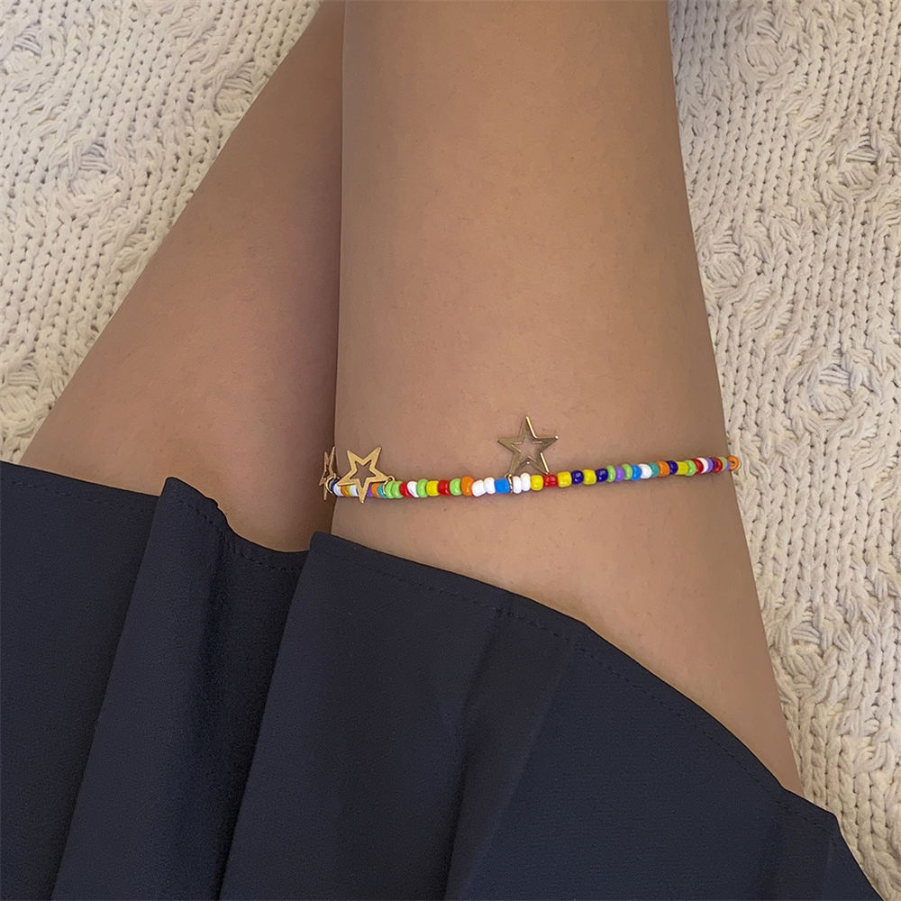 Rainbow Beads Leg Elasticity Chain Fashion Hollow Star Pendant Colorful Thigh Chain Beach Summber Jewelry New
