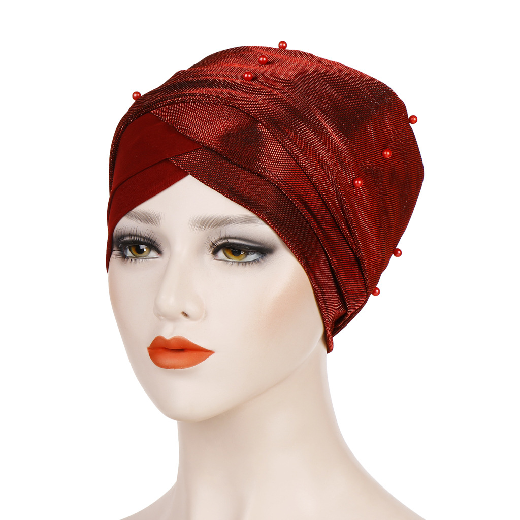 Muslim two-color beaded head scarf hat bright silk cloth beaded head cap