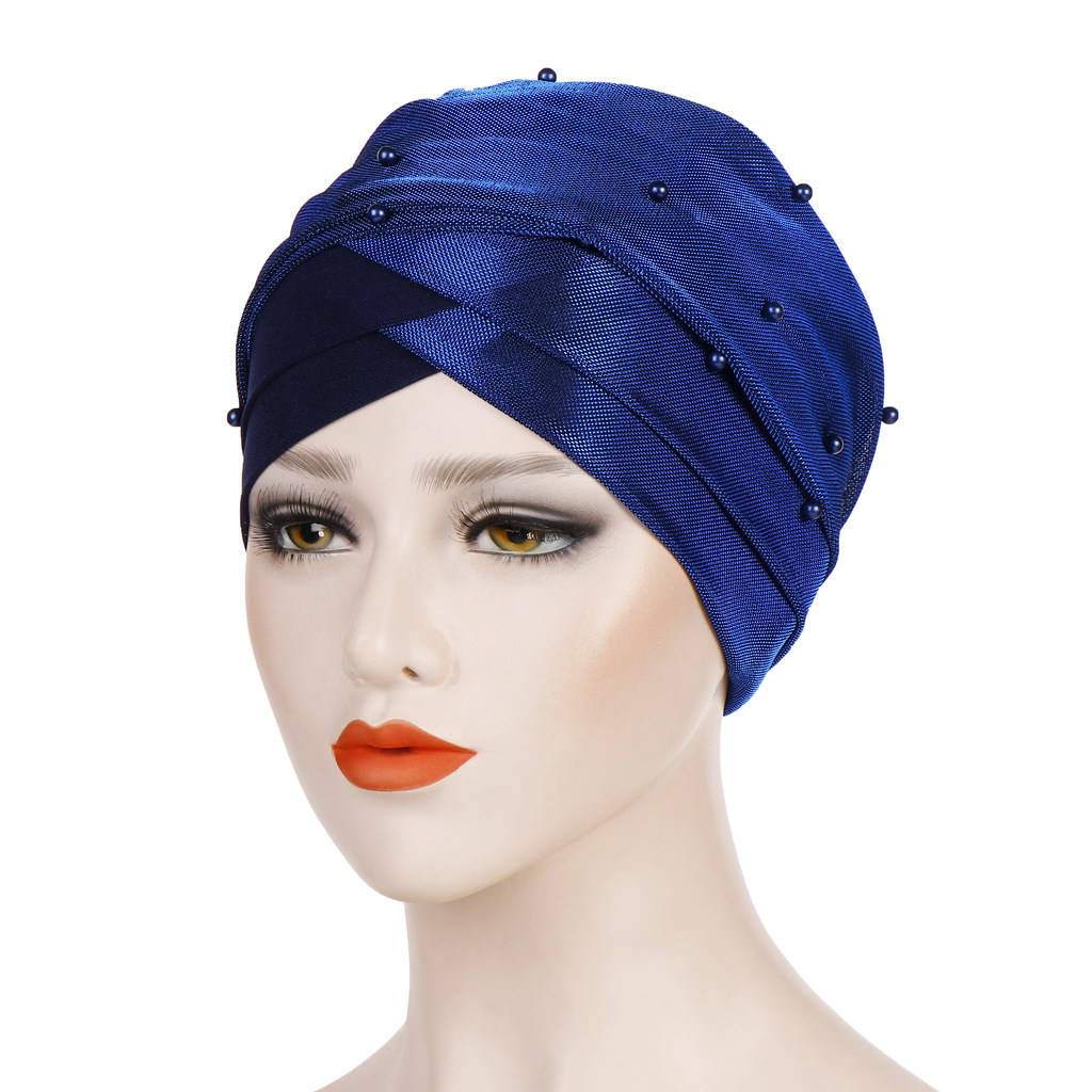 Muslim two-color beaded head scarf hat bright silk cloth beaded head cap