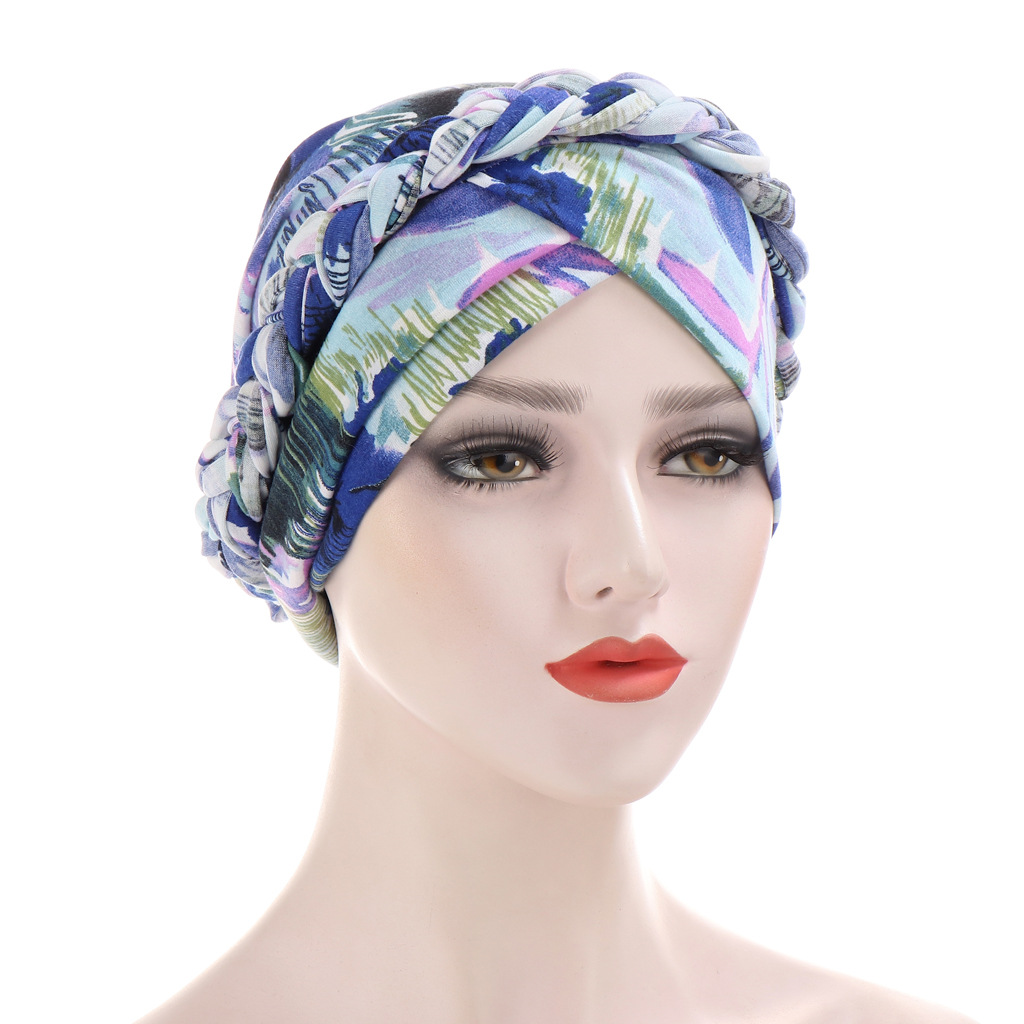 Muslim tie-dye brushed milk silk cloth braid hat short braid can hide hair scarf hat