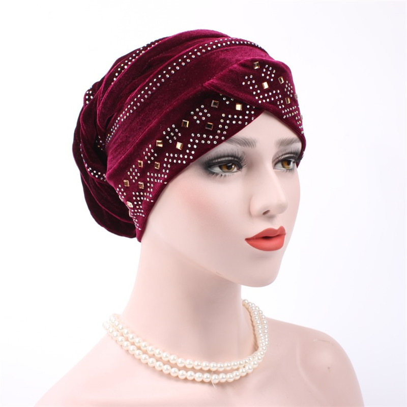 Muslim European and American gold velvet hot drill Baotou hat Muslim headscarf folding pile hat
