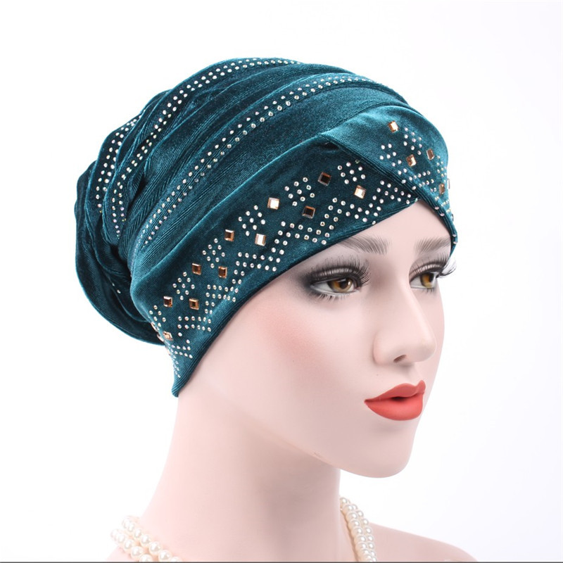Muslim European and American gold velvet hot drill Baotou hat Muslim headscarf folding pile hat