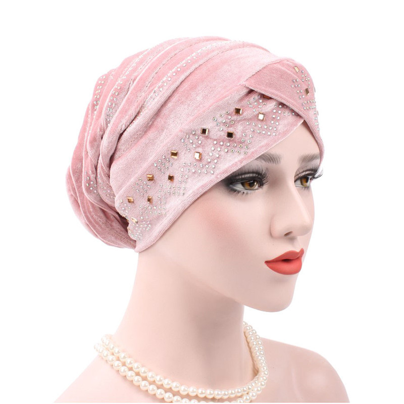 Muslim European and American gold velvet hot drill Baotou hat Muslim headscarf folding pile hat