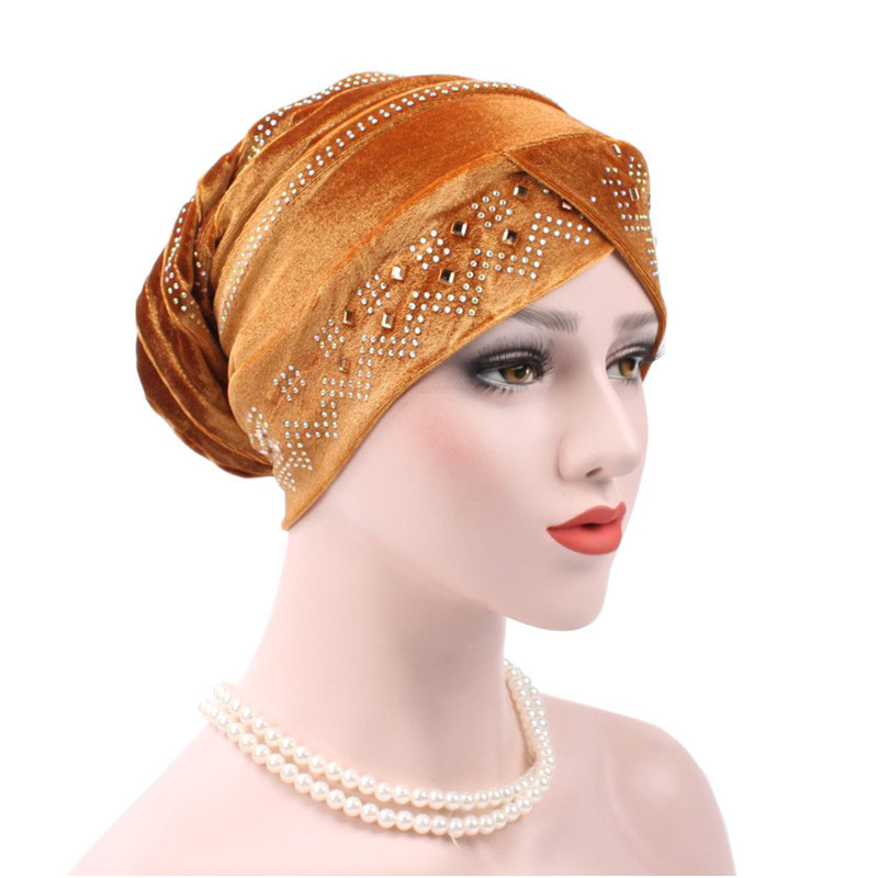 Muslim European and American gold velvet hot drill Baotou hat Muslim headscarf folding pile hat
