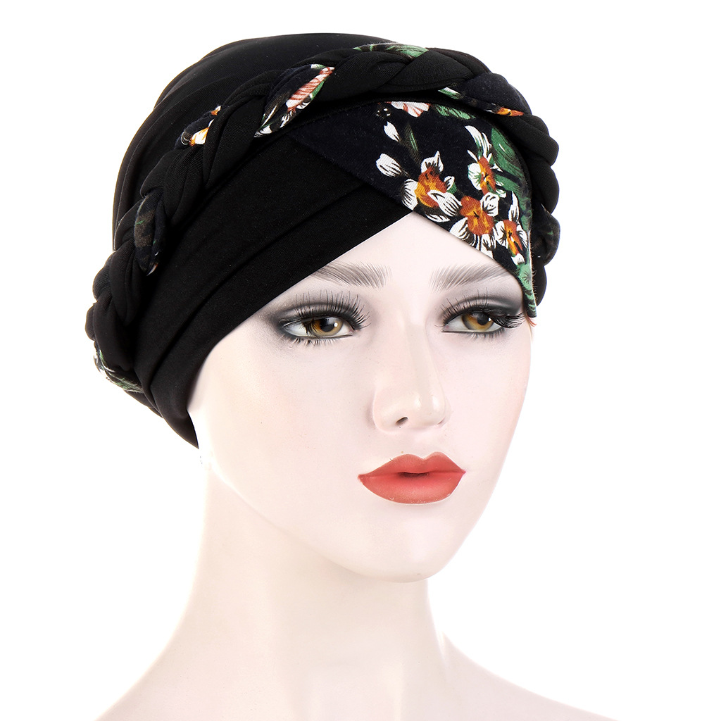 Muslim two-color floral cloth stitching short braid forehead and forehead cross braid hat multi-color turban hat Indian hat