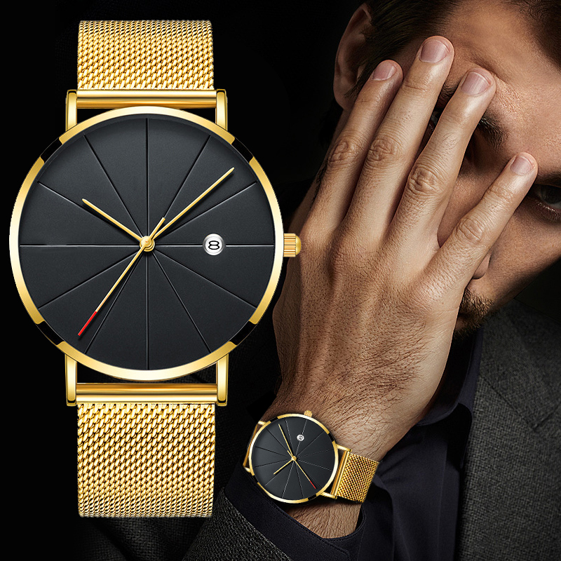 Luxury Fashion Business Watches Men Super Slim Watches Stainless Steel Mesh Belt Quartz Watches Gold Watches Men Gift