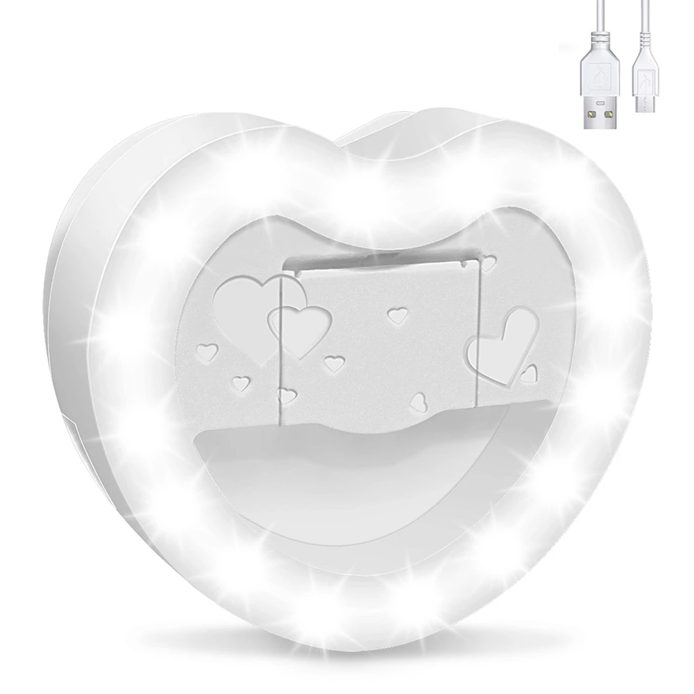 Heart shaped LED Selfie Ring Lamp with Mini Makeup Mirror Dimmable USB Rechargeable Portable Mobile Phone Holder Clip lens Light