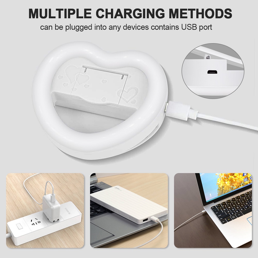 Heart shaped LED Selfie Ring Lamp with Mini Makeup Mirror Dimmable USB Rechargeable Portable Mobile Phone Holder Clip lens Light