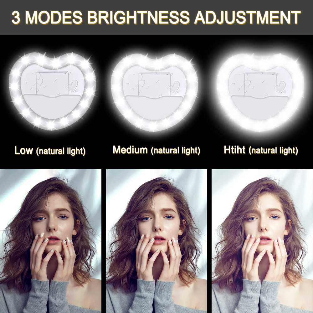 Heart shaped LED Selfie Ring Lamp with Mini Makeup Mirror Dimmable USB Rechargeable Portable Mobile Phone Holder Clip lens Light