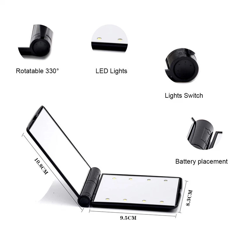 1pcs 8 LED Lights Lamps Women Foldable Makeup Mirrors Lady Cosmetic Hand Folding Portable Compact Pocket Mirror