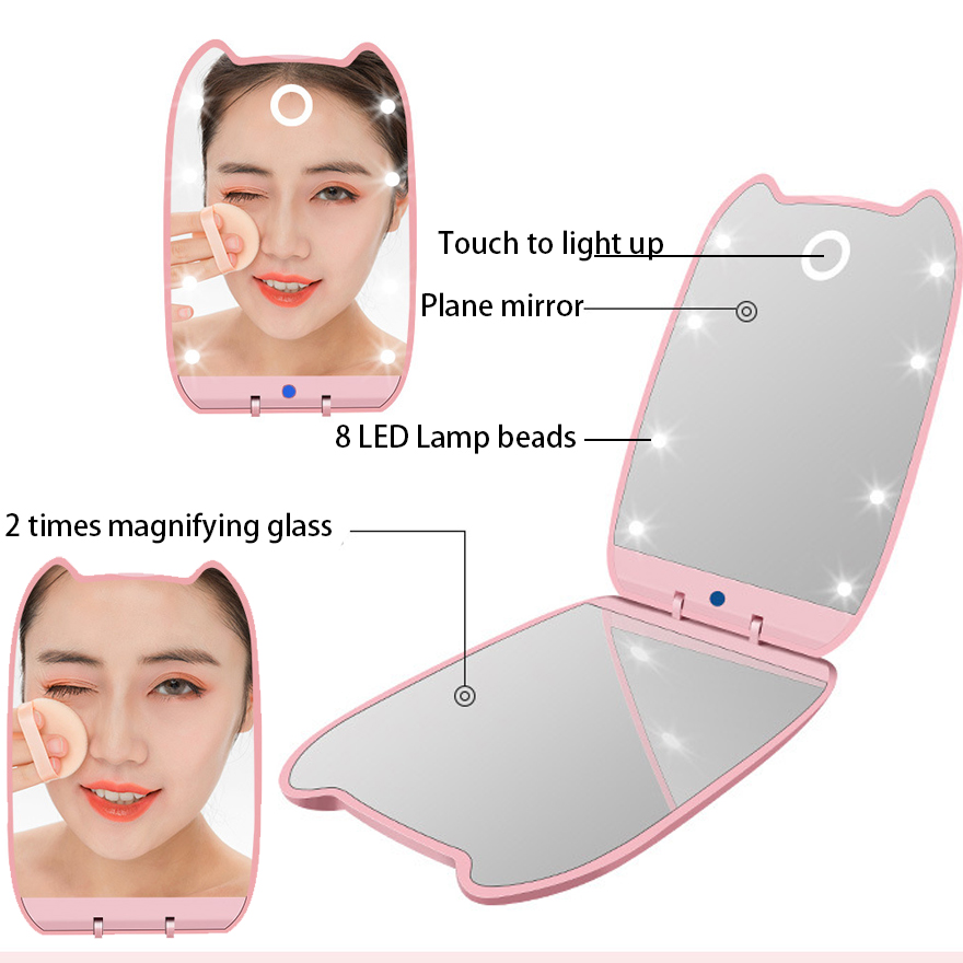 LED Makeup Mirror With Light Portable Foldable 2X Magnification Touch Screen Cosmetic Mirror Cat ear Shape 2-Face Ladies Mirror