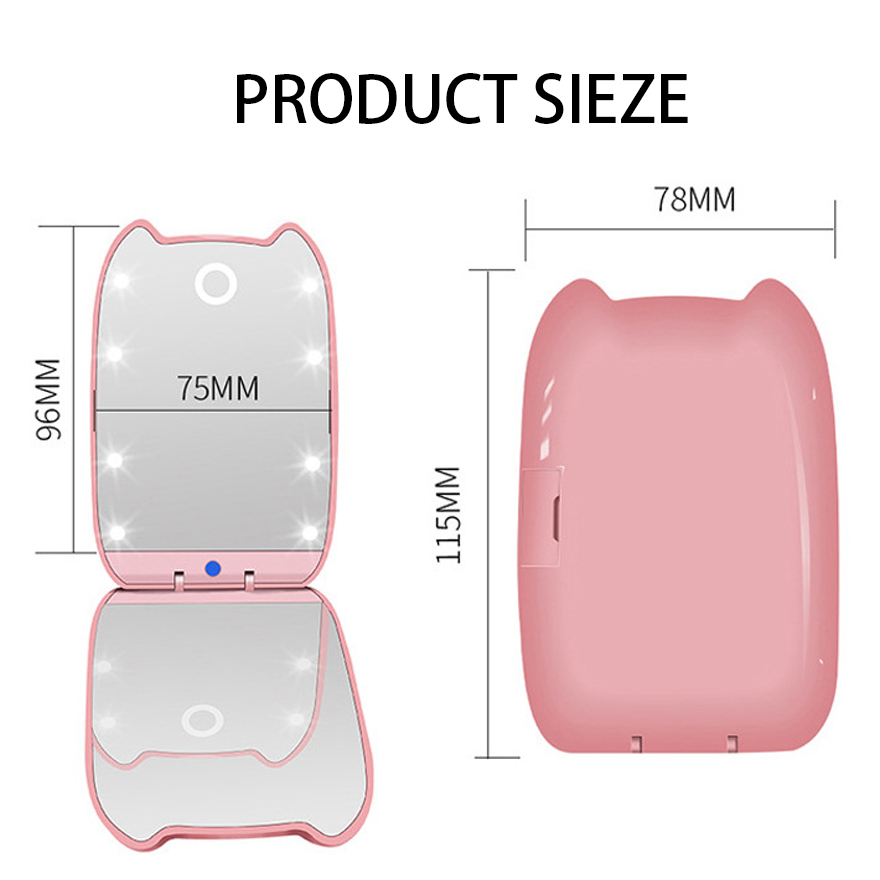 LED Makeup Mirror With Light Portable Foldable 2X Magnification Touch Screen Cosmetic Mirror Cat ear Shape 2-Face Ladies Mirror