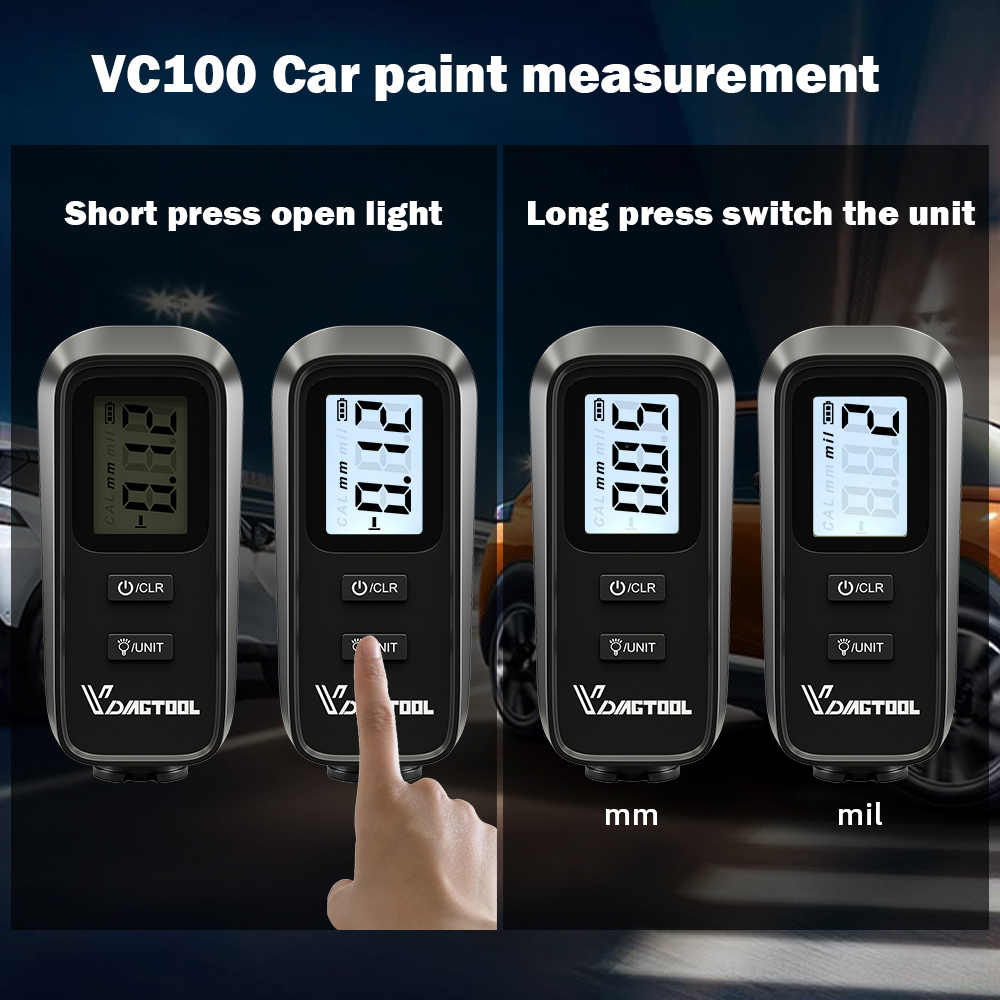 VC100 Coating Thickness Gauge Digital Backlight Car Paint Electroplate Metal Coating Tester