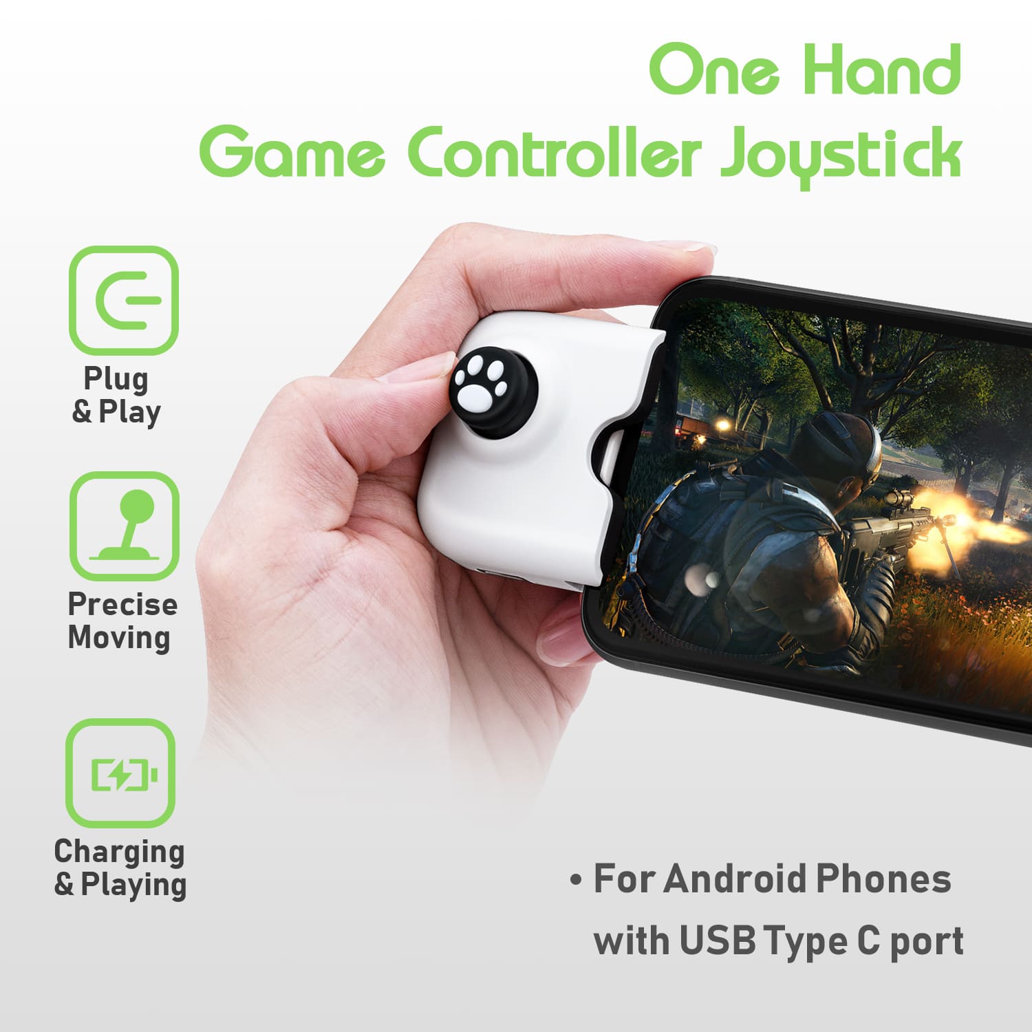 1pc One Hand Game Phone Grip Rocker Controller Gamepad Joystick for PUBG/LOL/Mobile Legends/CF/FIFA Games for Android Type-C - White