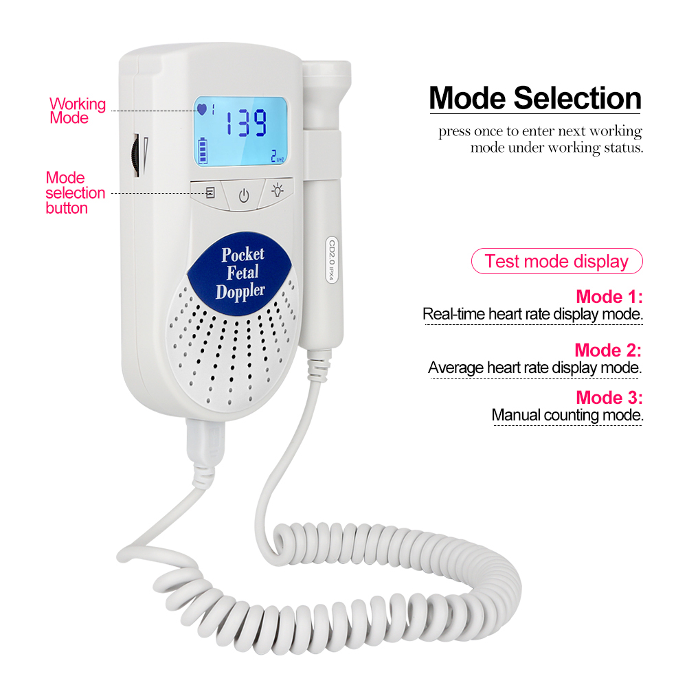 Household Fetal  Heart Rate Monitor Potable Baby Heart Detector Fetus Prenatal Heart Beat Detector Probe LCD