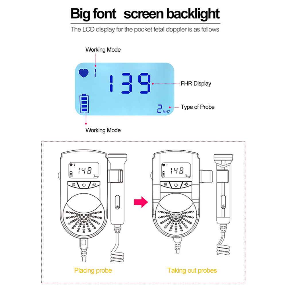 Household Fetal  Heart Rate Monitor Potable Baby Heart Detector Fetus Prenatal Heart Beat Detector Probe LCD