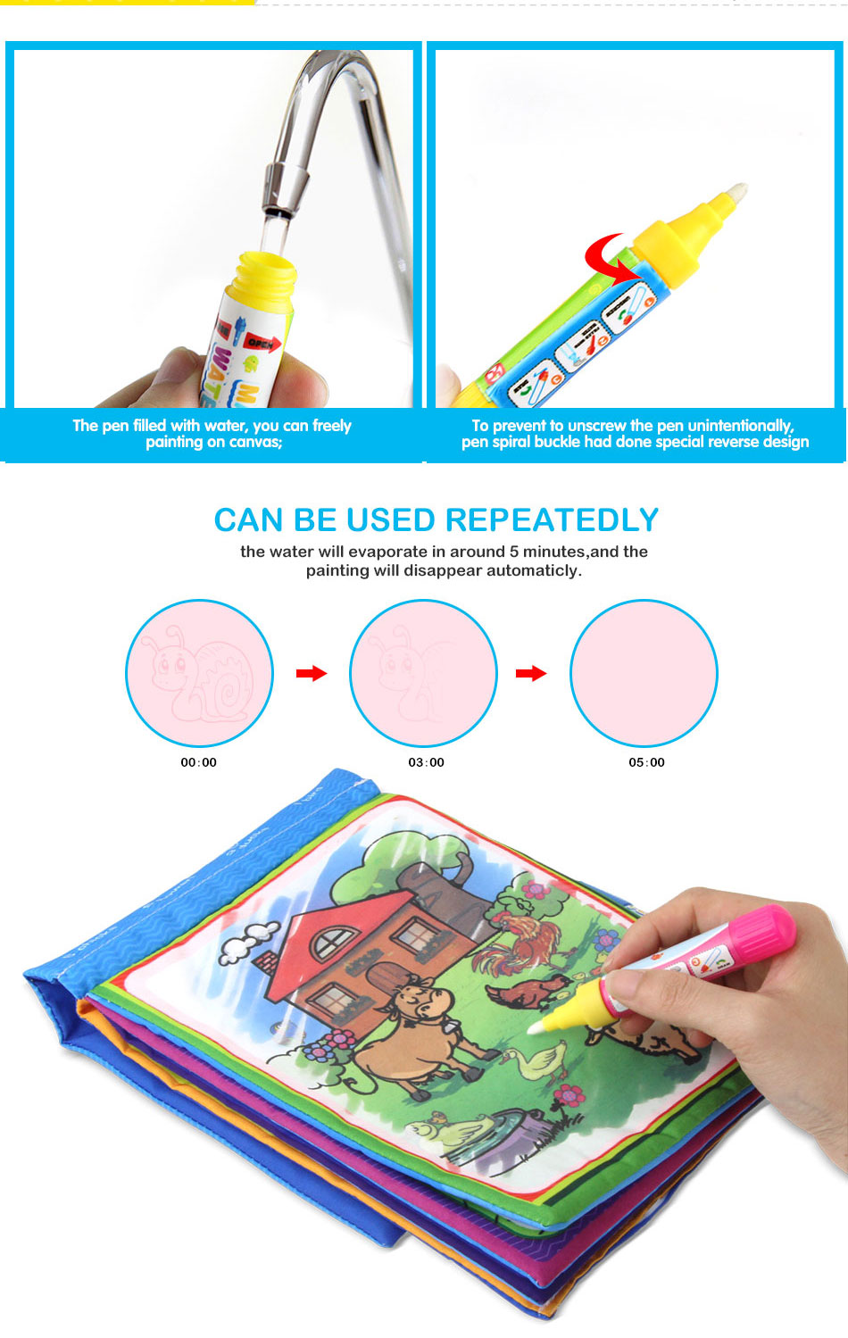 Animals Water Drawing Book &2 Magic Pen Water Coloring Board Doodle Mat For Kids Educational Learning toys